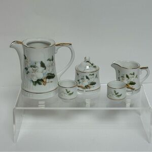 Mini Toy Tea Set White Magnolia Pitcher Cups Sugar Cream Dish Play Set 6 Pieces